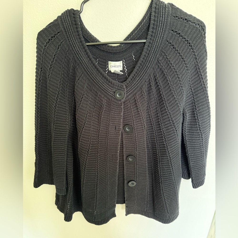 Chico's Black Button-Up Cardigan Large Buttons Grandma Cardigan Size 2